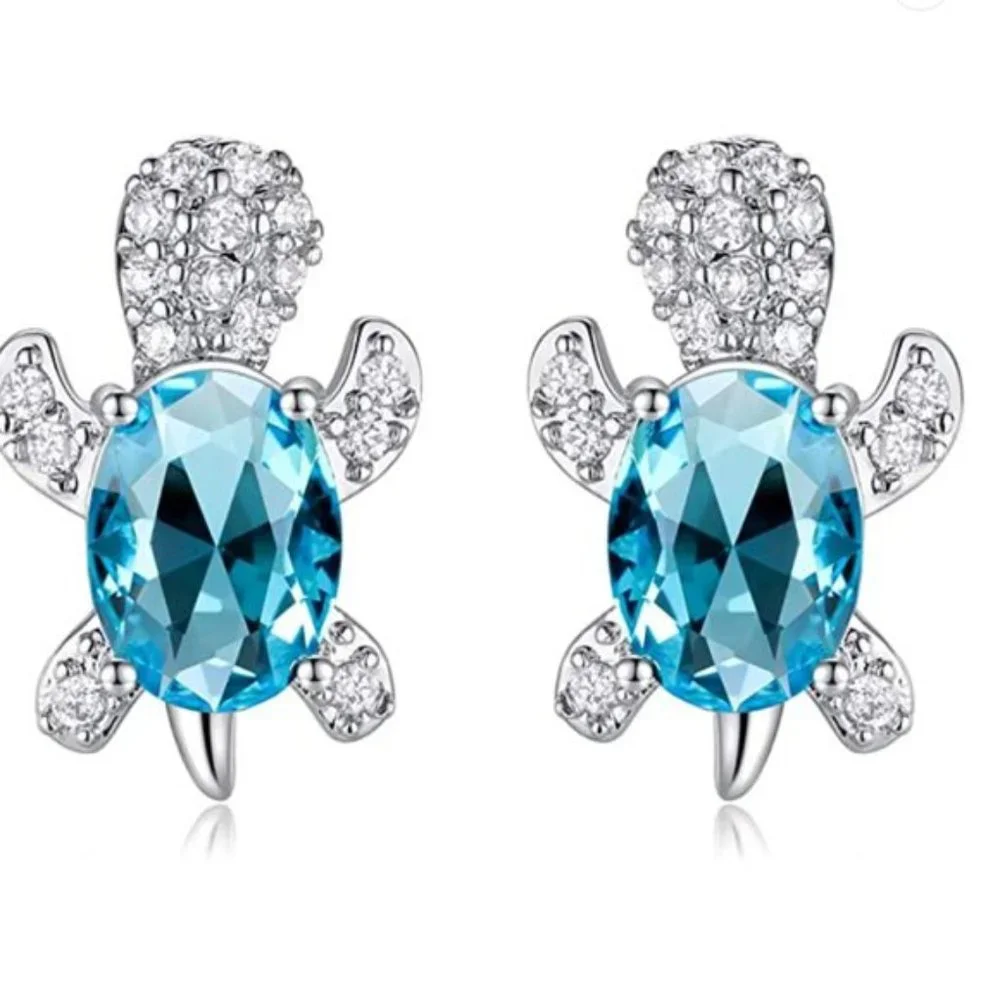 “Just Keep Swimming” Blue Turtle Diamond Earrings